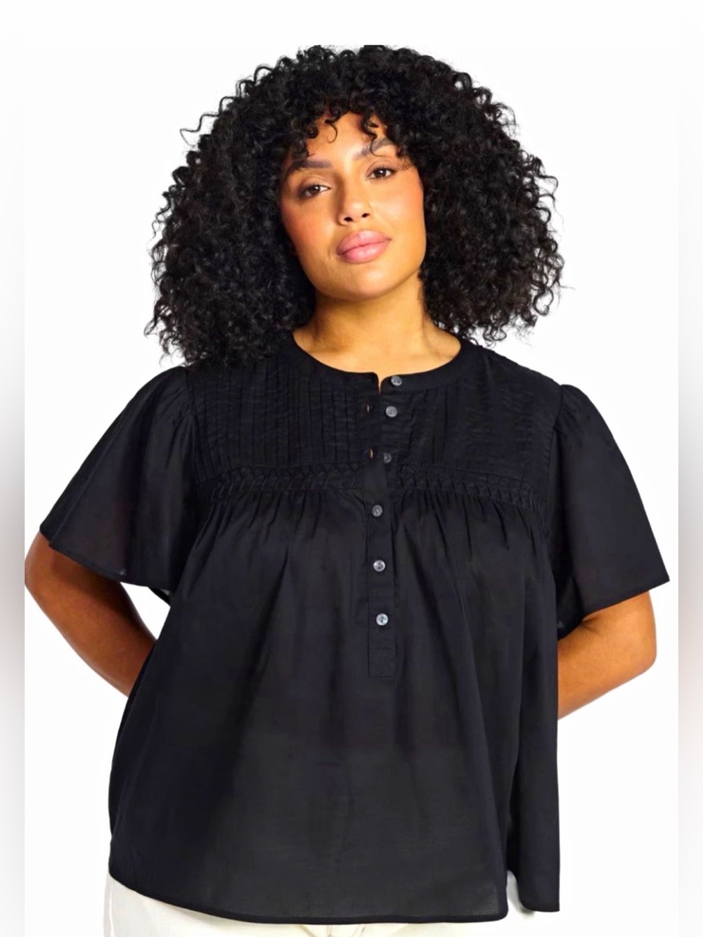 NWT Terra & Sky Black Yoke Top 100% Cotton Flutter Short Sleeve Round Neck 3x